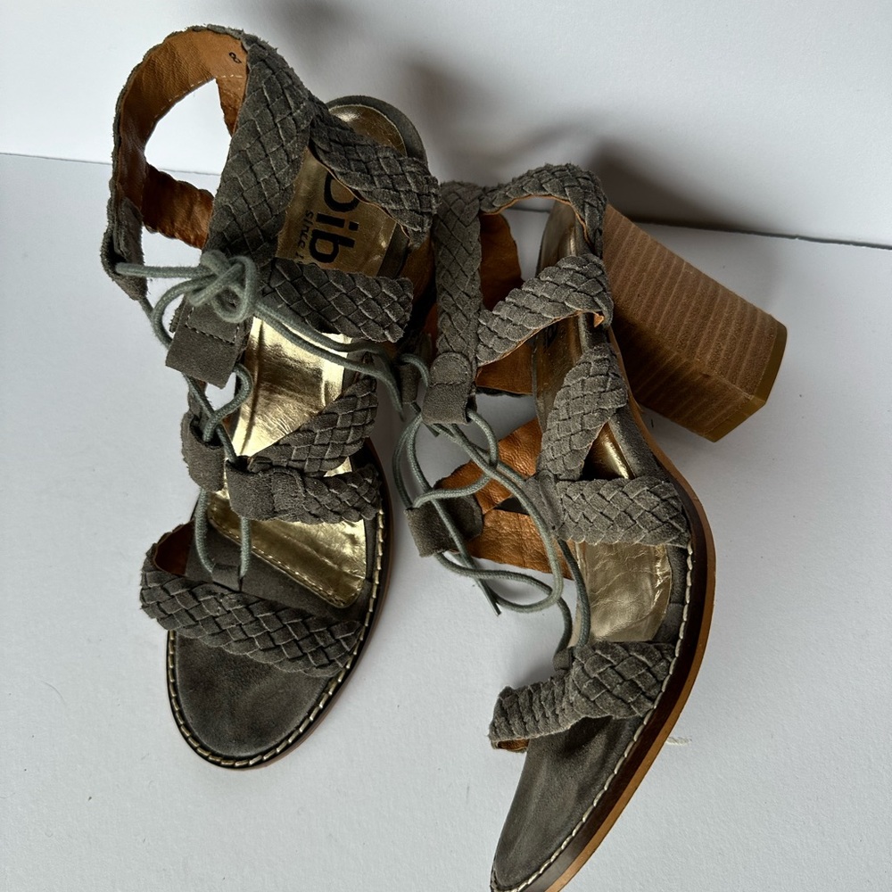 Dibs brand grey shoes with wood heel and straps
